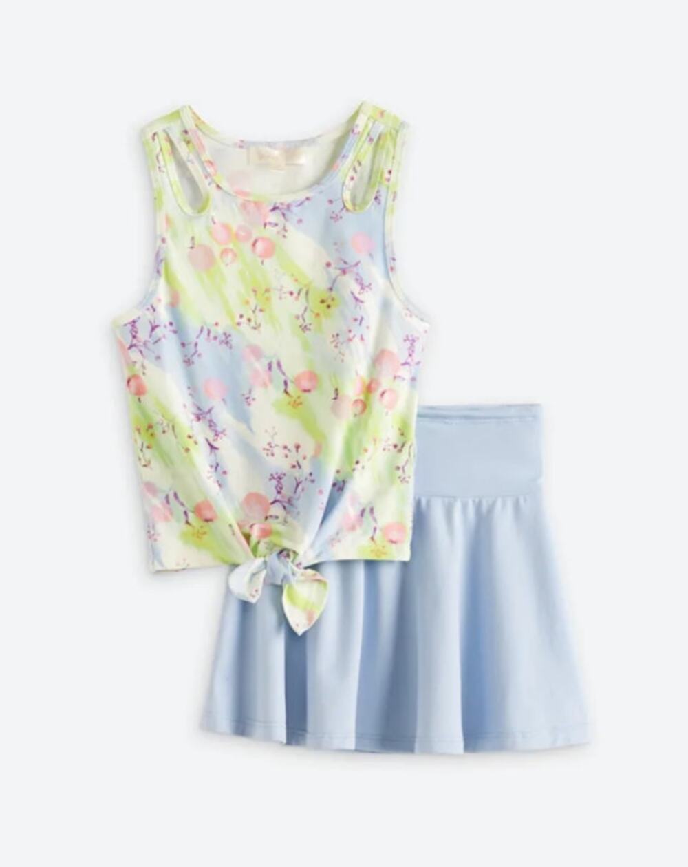 Sunset West Joslyn Tie Front Sleeveless Top + Knit Skirt Set Floral Size M 7-8